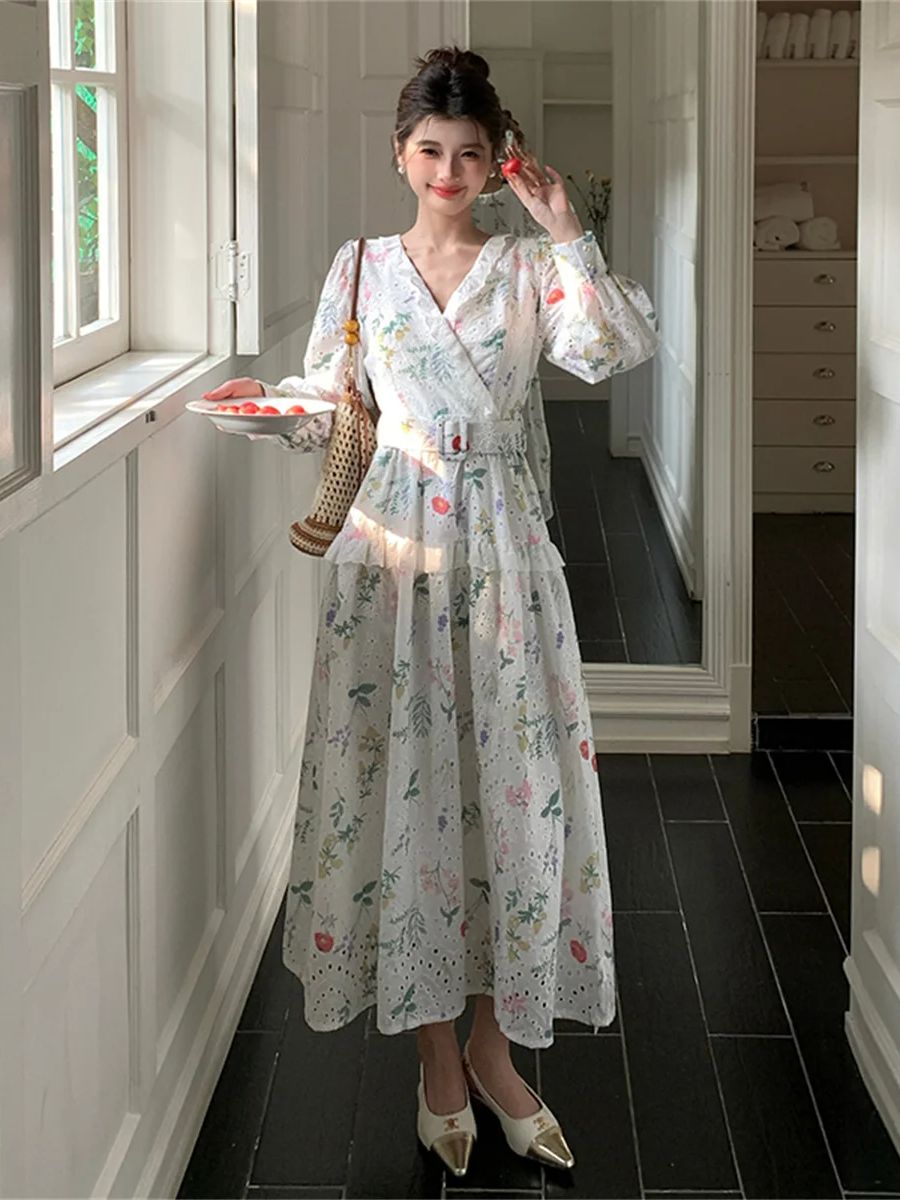 French Vintage Floral Midi Dress - Franse romantische stijl lantaarnmouw bloemenprint midi