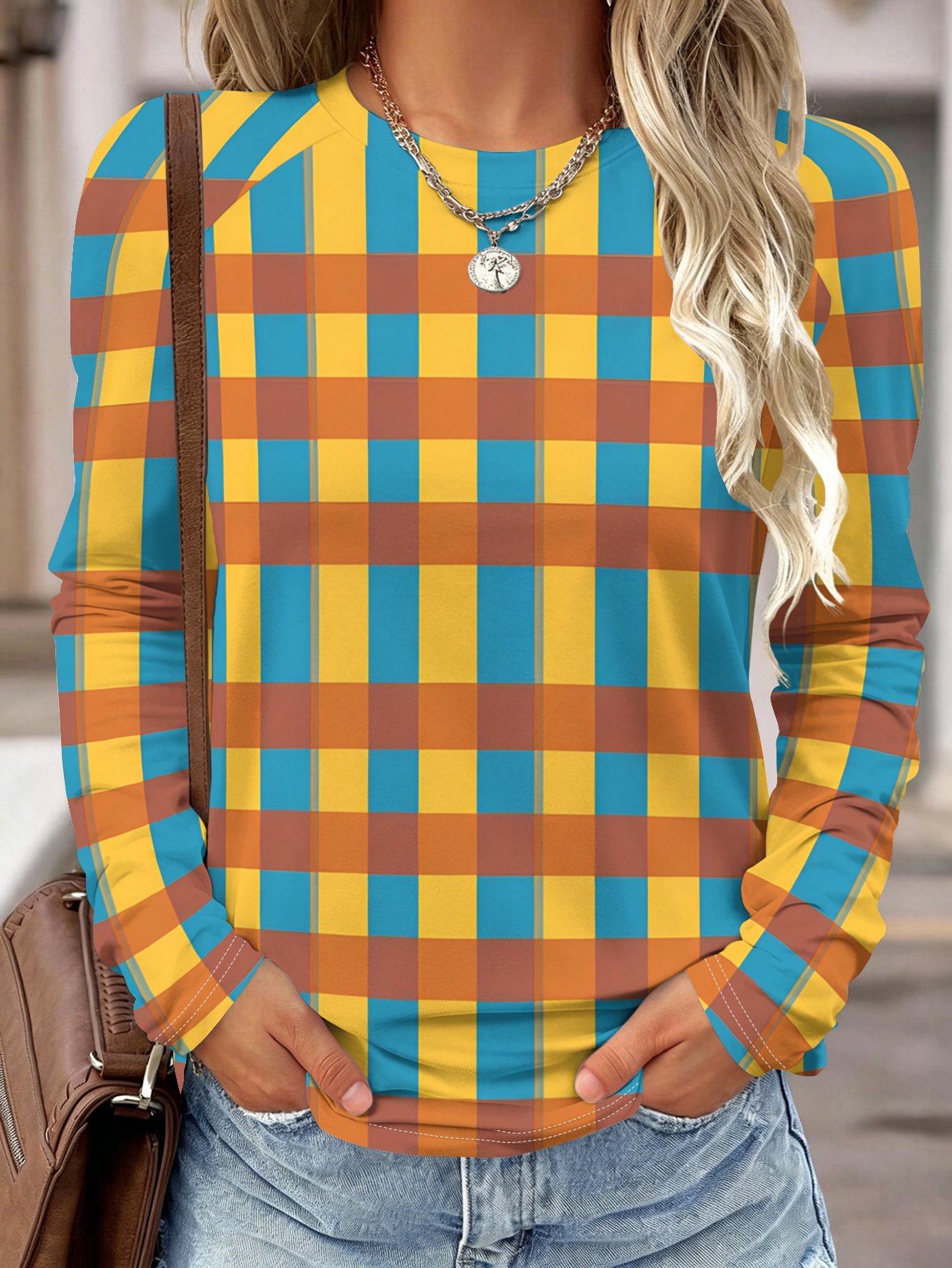 Blouses - Damesblouse met lange mouwen, geel, blauw,