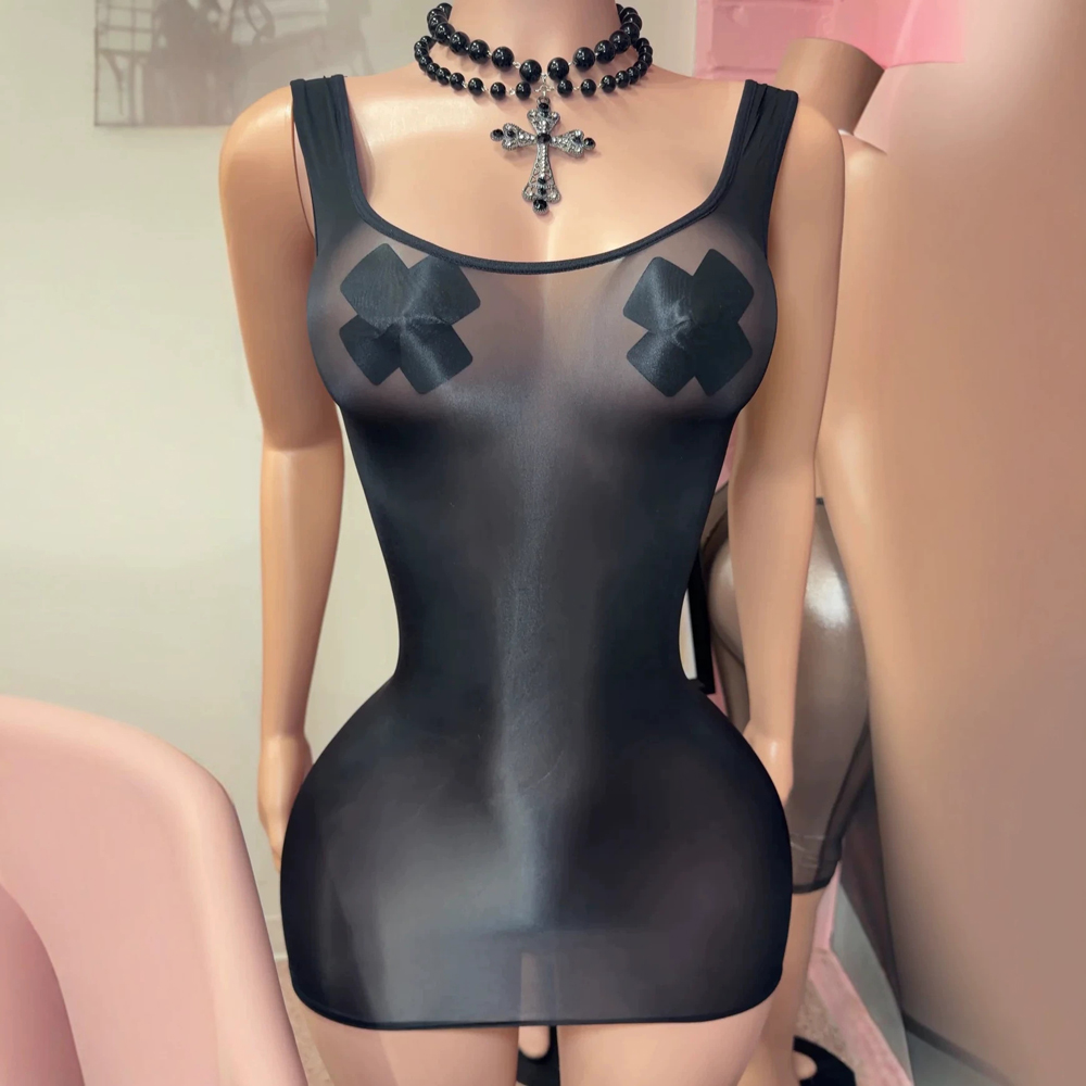 Sexy Mesh Sheer Bodycon Dress - JENYAGE Sexy glanzende doorschijnende tank mini
