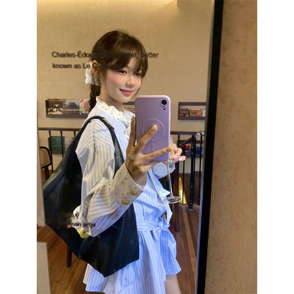 Korean Style A Line Shirt Dress - Koreaanse, schattige schooljurk met lange mouwen,