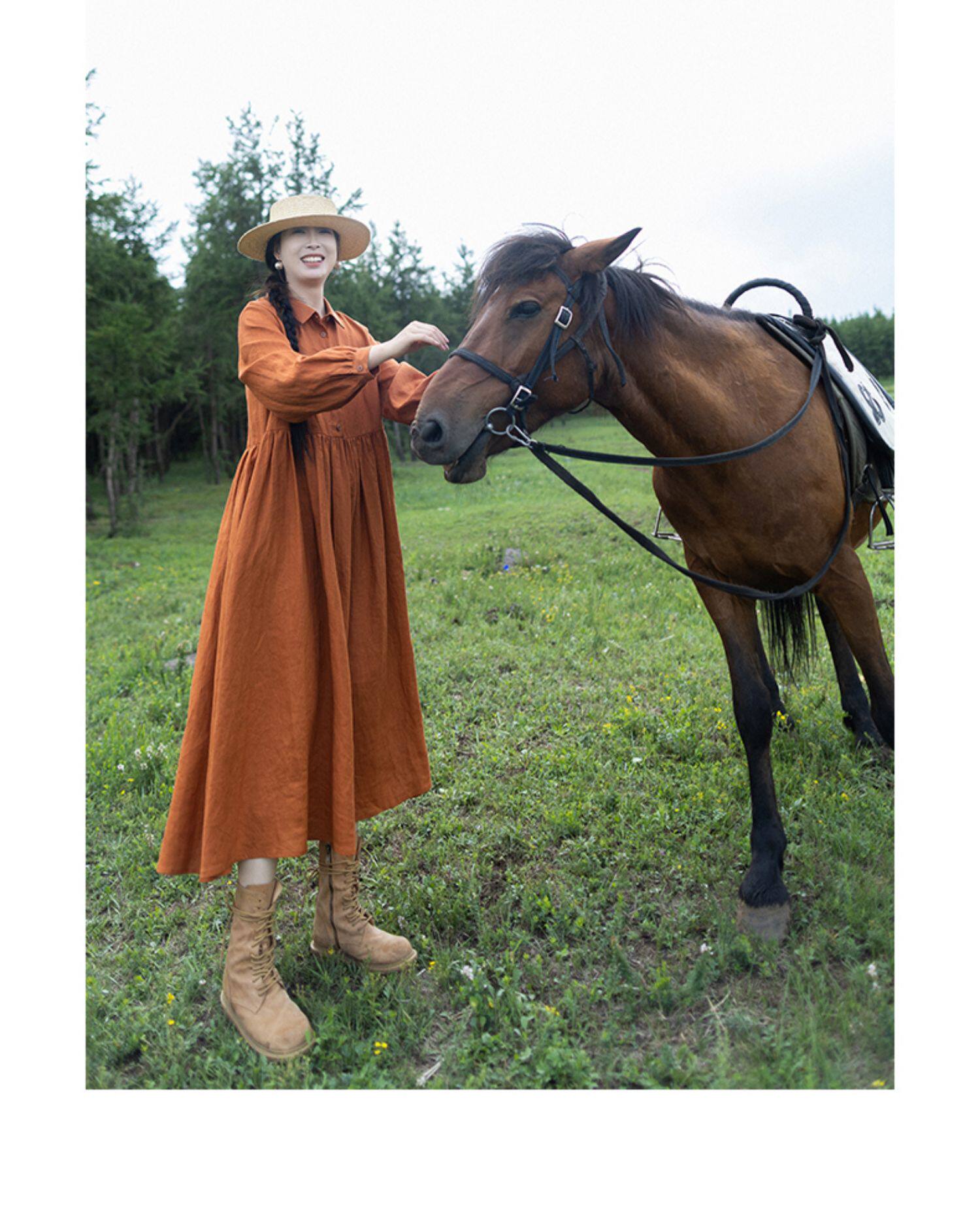 Dames oranje linnen maxi jurk  - Casual Loose Linen Shirt Dress recensie en prijs